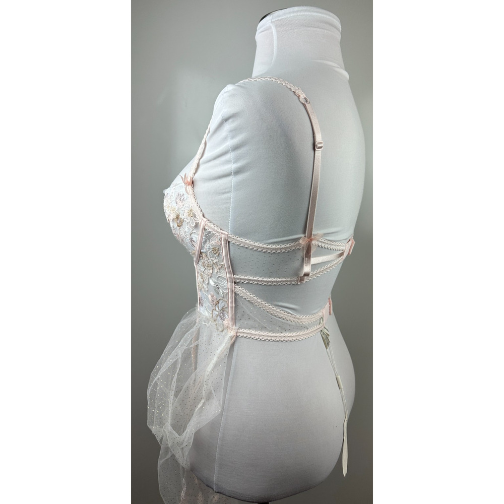 NWT For Love & Lemons Mae Teddy W/ Garters Babydoll Lingerie Pink Shimmer Med M - Picture 13 of 16